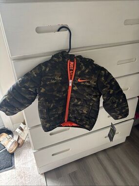 Nike Kids Camouflage Puffer Jacket with Bright Orange Accents